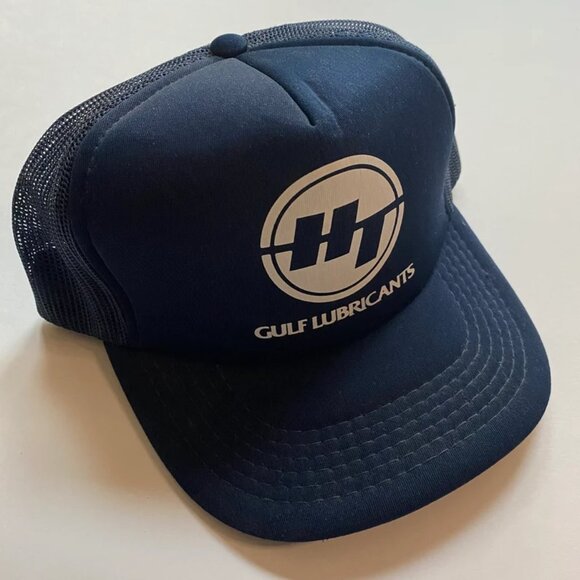 Vintage HT Gulf Lubricants Trucker Hat Navy Blue Foam & Mesh Snapback Cap Retro - Picture 1 of 5